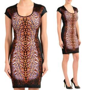 NWT ROBERTO CAVALLI Black Leopard Print Short Sleeve Mini Jersey Dress S…